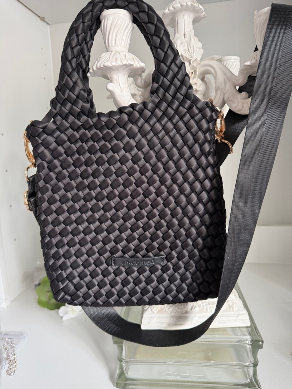 Black Woven Tote Bag with Shoulder Strap - ah-dorned 10”x10”New